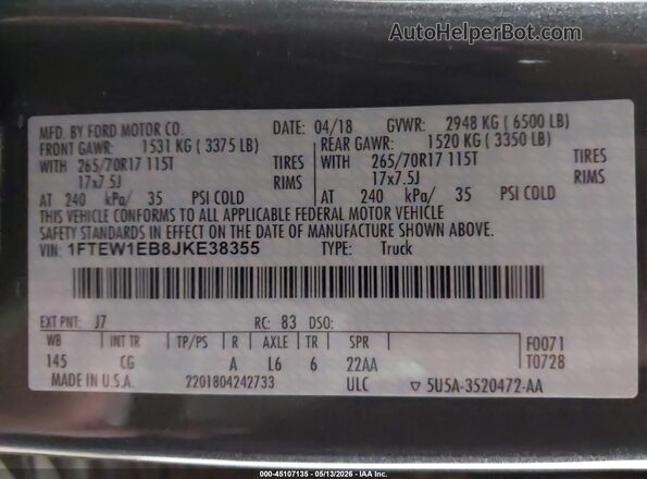 1FTEW1EB8JKE38355 2018 FORD F150 Gray Vista del compartimento del motor