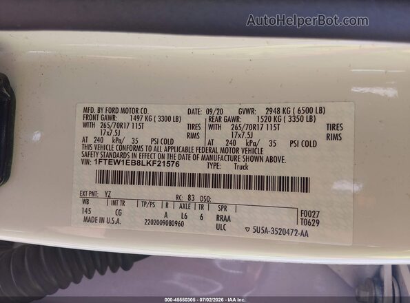 1FTEW1EB8LKF21576 2020 FORD F150 White Widok komory silnika