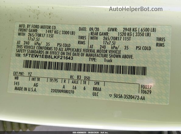 1FTEW1EB8LKF21643 2020 FORD F150 White ძრავის განყოფილების ხედი