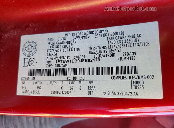 1FTEW1EB9JFB92179 2018 FORD F150 Red Вид підкапотного простору