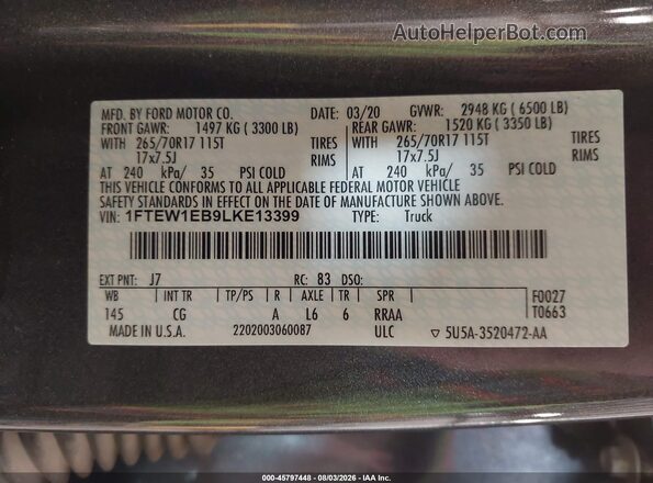 1FTEW1EB9LKE13399 2020 FORD F150 Gray Widok komory silnika