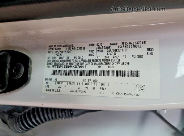 1FTEW1EB9MKD70913 2021 FORD F150 White Vista del compartimento del motor