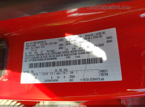 1FTEW1EBXJFD04956 2018 FORD F150 Red Widok komory silnika