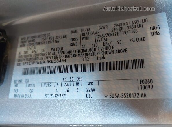 1FTEW1EBXJKE38454 2018 FORD F150 Silver Widok komory silnika