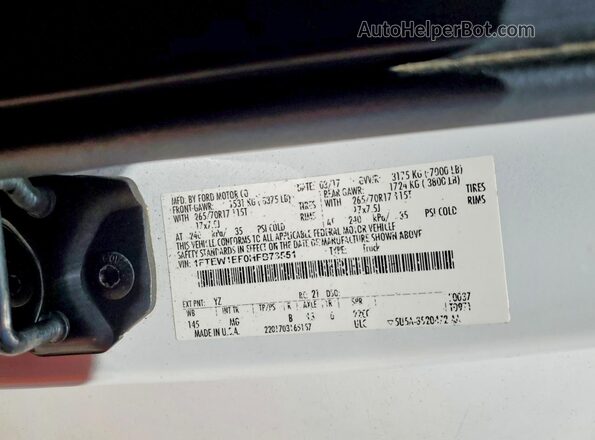 1FTEW1EF0HFB73551 2017 FORD F150 White Շարժիչի բաժամունքի տեսք