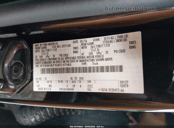 1FTEW1EF1GFC17183 2016 FORD F150 Black Widok komory silnika