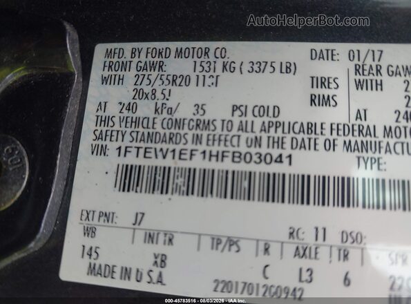 1FTEW1EF1HFB03041 2017 FORD F150 Gray Շարժիչի բաժամունքի տեսք