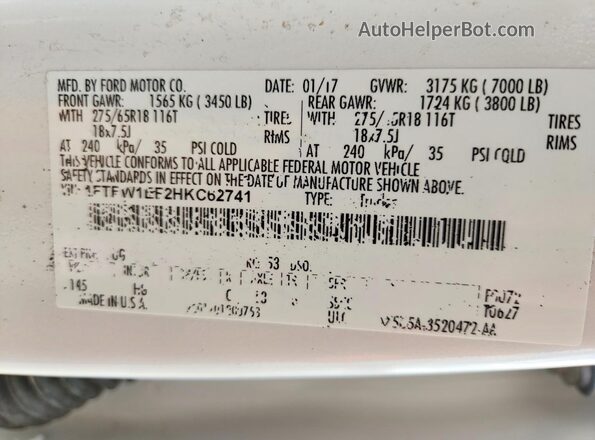 1FTEW1EF2HKC62741 2017 FORD F150 White ძრავის განყოფილების ხედი