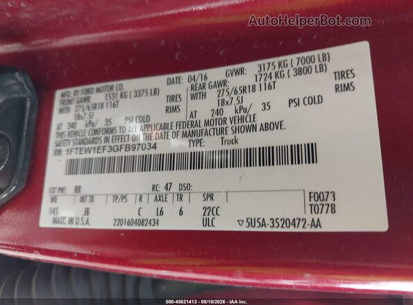1FTEW1EF3GFB97034 2016 FORD F150 Red Rear seats view