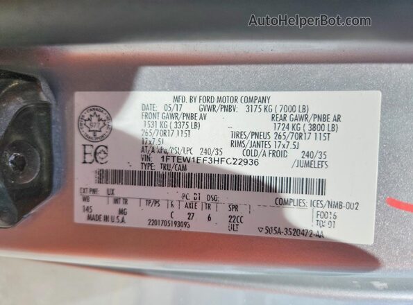 1FTEW1EF3HFC22936 2017 FORD F150 Silver Vista del compartimento del motor