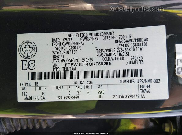 1FTEW1EF4GKF59265 2016 FORD F150 Black Vista del compartimento del motor