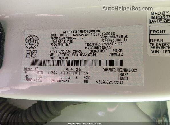 1FTEW1EF4HFA15746 2017 FORD F150 White Vista del compartimento del motor