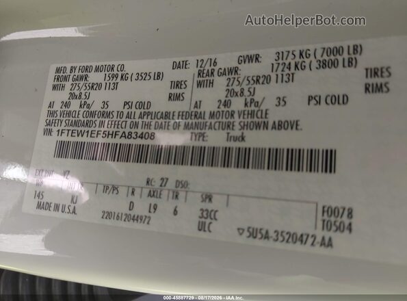 1FTEW1EF5HFA83408 2017 FORD F150 Белый Вид подкапотного пространства