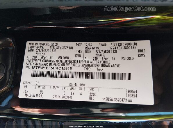 1FTEW1EF5HKC15915 2017 FORD F150 Черный Вид подкапотного пространства