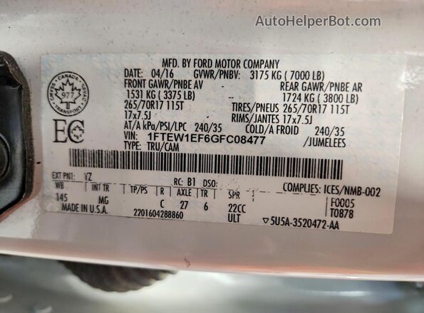 1FTEW1EF6GFC08477 2016 FORD F150 White Вид підкапотного простору