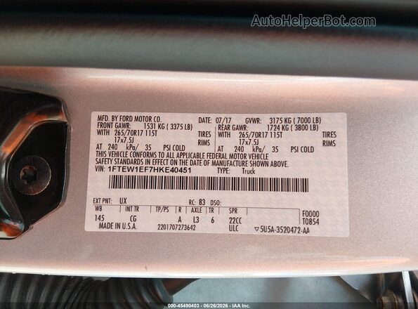 1FTEW1EF7HKE40451 2017 FORD F150 Серебряный Вид подкапотного пространства