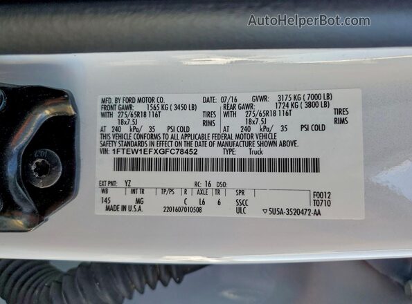 1FTEW1EFXGFC78452 2016 FORD F150 White Vista del compartimento del motor