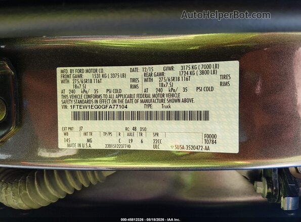 1FTEW1EG0GFA77104 2016 FORD F150 Серый Вид подкапотного пространства