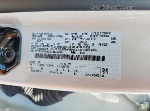 1FTEW1EG0GFB35969 2016 FORD F150 White Vista del compartimento del motor