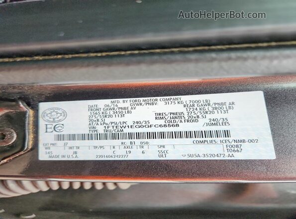 1FTEW1EG0GFC68568 2016 FORD F150 Gray VIN կոդի պիտակի տեսք