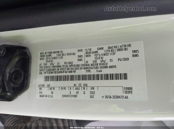 1FTEW1EG0KFA14819 2019 FORD F150 White Widok komory silnika