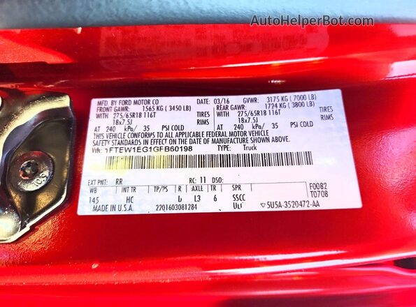 1FTEW1EG1GFB60198 2016 FORD F150 Red ძრავის განყოფილების ხედი