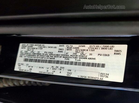 1FTEW1EG1GFC37409 2016 FORD F150 Black VIN sticker view
