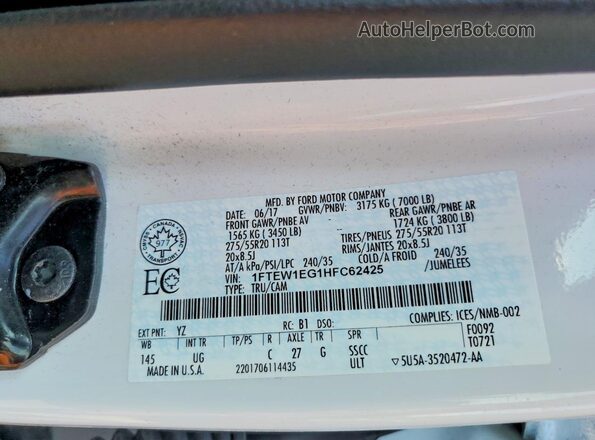 1FTEW1EG1HFC62425 2017 FORD F150 White Widok komory silnika