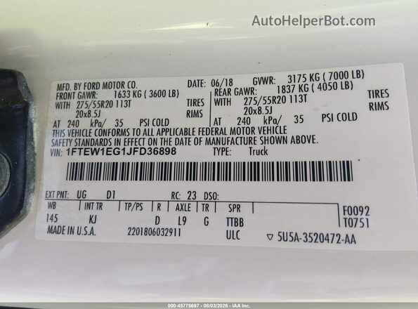 1FTEW1EG1JFD36898 2018 FORD F150 White Vista del compartimento del motor
