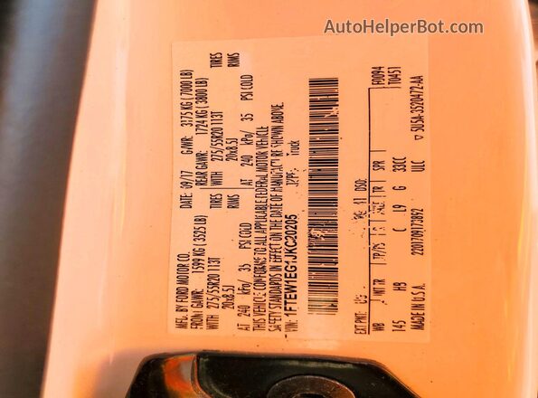 1FTEW1EG1JKC20205 2018 FORD F150 Белый Вид подкапотного пространства