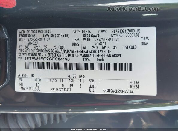 1FTEW1EG2GFC84190 2016 FORD F150 Серый Вид подкапотного пространства