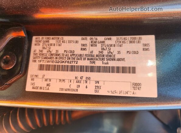 1FTEW1EG2GKF62772 2016 FORD F150 Gray Вид підкапотного простору