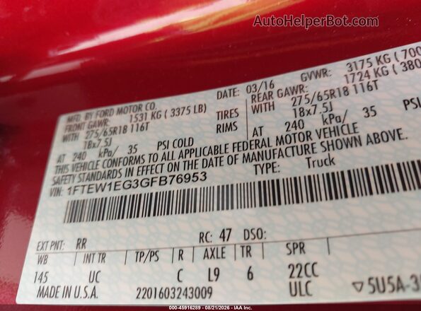 1FTEW1EG3GFB76953 2016 FORD F150 Красный Вид подкапотного пространства