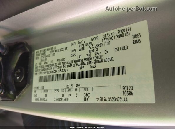 1FTEW1EG6GFC54321 2016 FORD F150 Silver Вид підкапотного простору