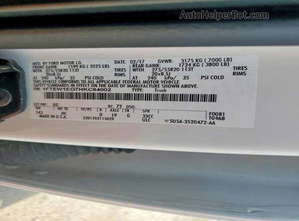 1FTEW1EG7HKC84002 2017 FORD F150 White ძრავის განყოფილების ხედი