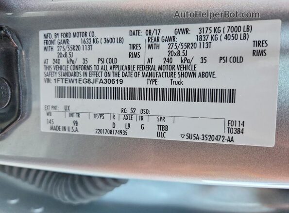 1FTEW1EG8JFA30619 2018 FORD F150 Серый Вид подкапотного пространства