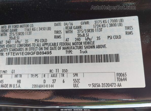 1FTEW1EG9GFB89495 2016 FORD F150 Black Engine compartment view
