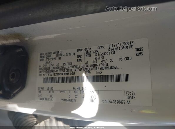 1FTEW1EG9GFB98195 2016 FORD F150 White Engine compartment view