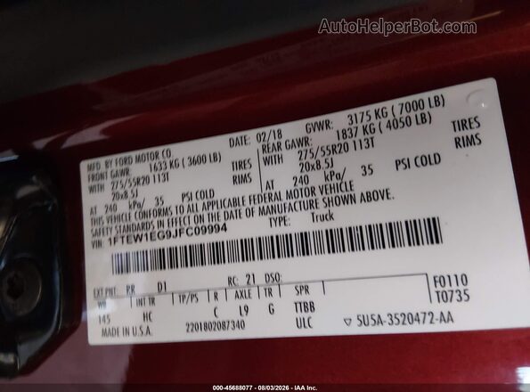 1FTEW1EG9JFC09994 2018 FORD F150 Red ძრავის განყოფილების ხედი