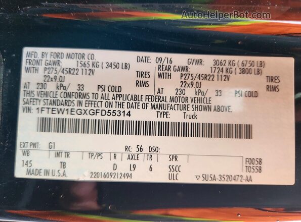 1FTEW1EGXGFD55314 2016 FORD F150 Черный Вид подкапотного пространства