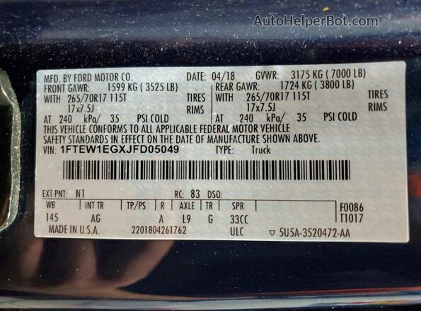 1FTEW1EGXJFD05049 2018 FORD F150 Blue VIN sticker view