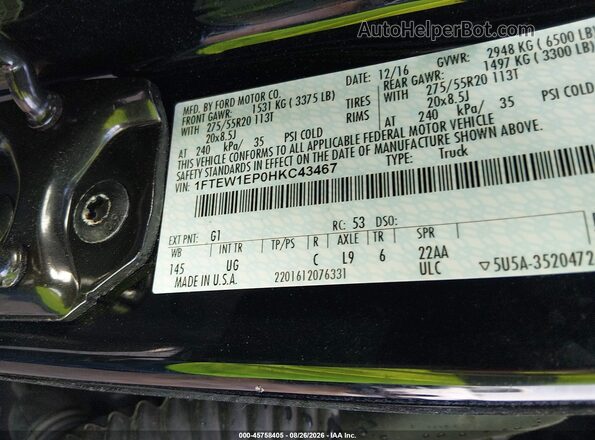 1FTEW1EP0HKC43467 2017 FORD F150 Черный Вид подкапотного пространства