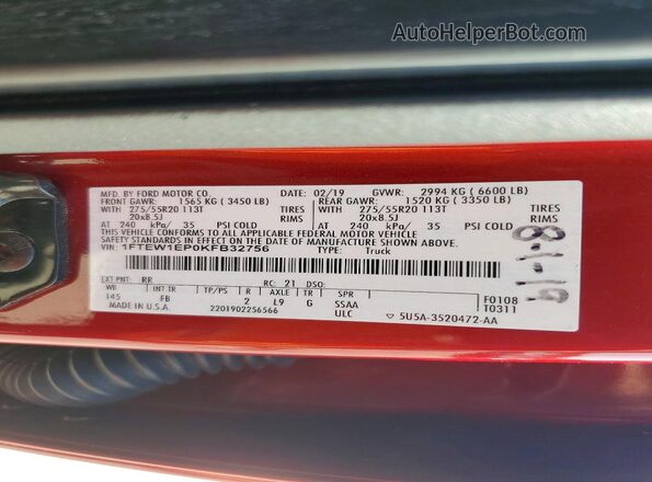 1FTEW1EP0KFB32756 2019 FORD F150 Red Շարժիչի բաժամունքի տեսք
