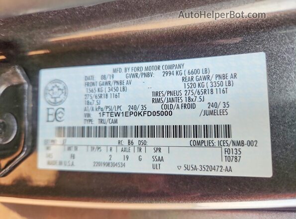1FTEW1EP0KFD05000 2019 FORD F150 Gray Widok komory silnika