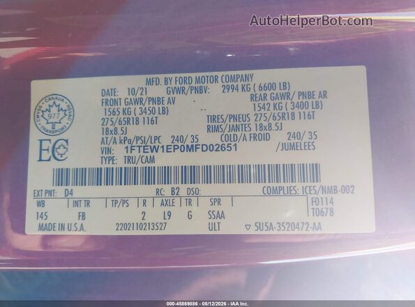 1FTEW1EP0MFD02651 2021 FORD F150 Red ძრავის განყოფილების ხედი