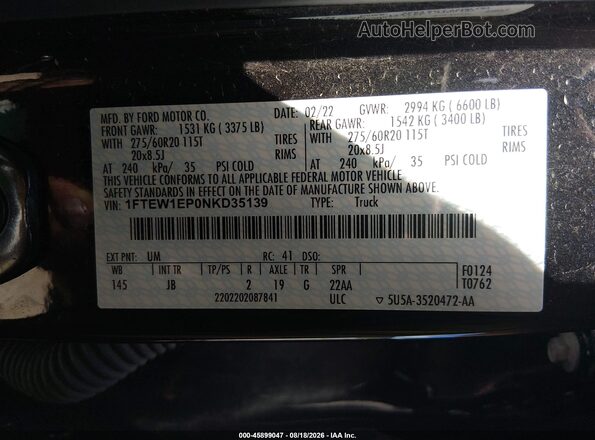 1FTEW1EP0NKD35139 2022 FORD F150 Черный Вид подкапотного пространства