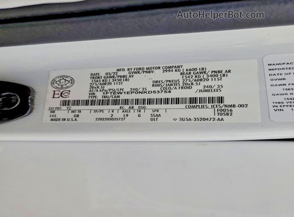1FTEW1EP0NKD53754 2022 FORD F150 White 