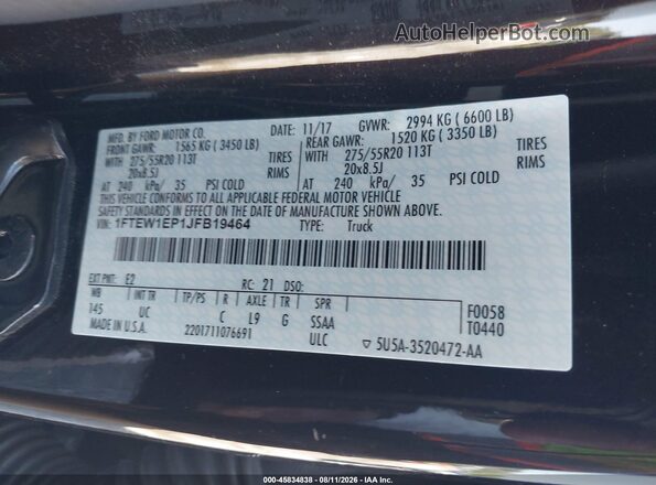 1FTEW1EP1JFB19464 2018 FORD F150 Черный Вид наклейки с VIN-кодом