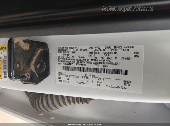 1FTEW1EP1LKE81854 2020 FORD F150 White Vista del compartimento del motor