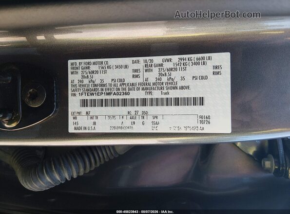 1FTEW1EP1MFA02360 2021 FORD F150 Gray Engine compartment view